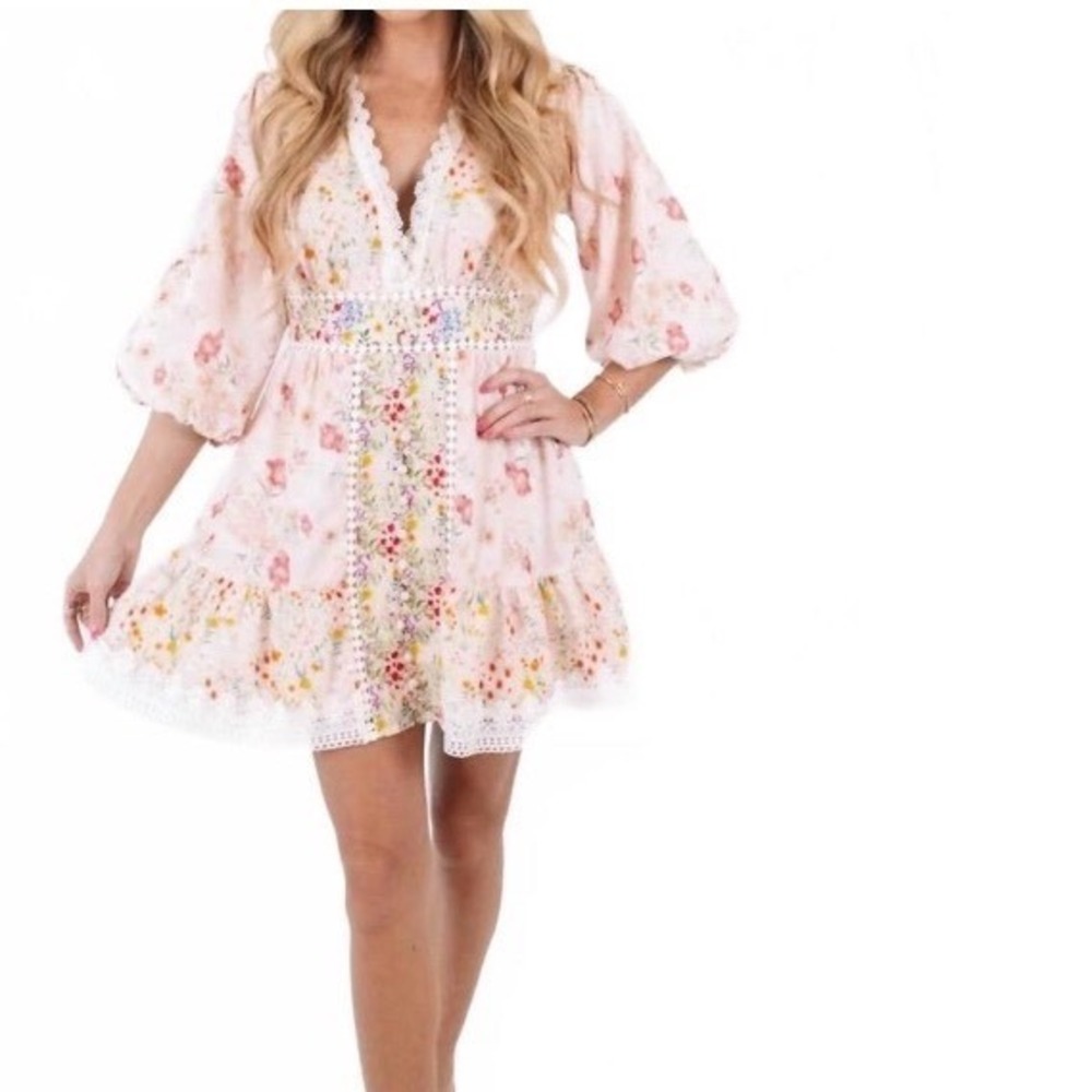 FORE COLLECTION meadow blooms‎ mini dress in multi pink size L cottagecore Lace - Picture 6 of 11